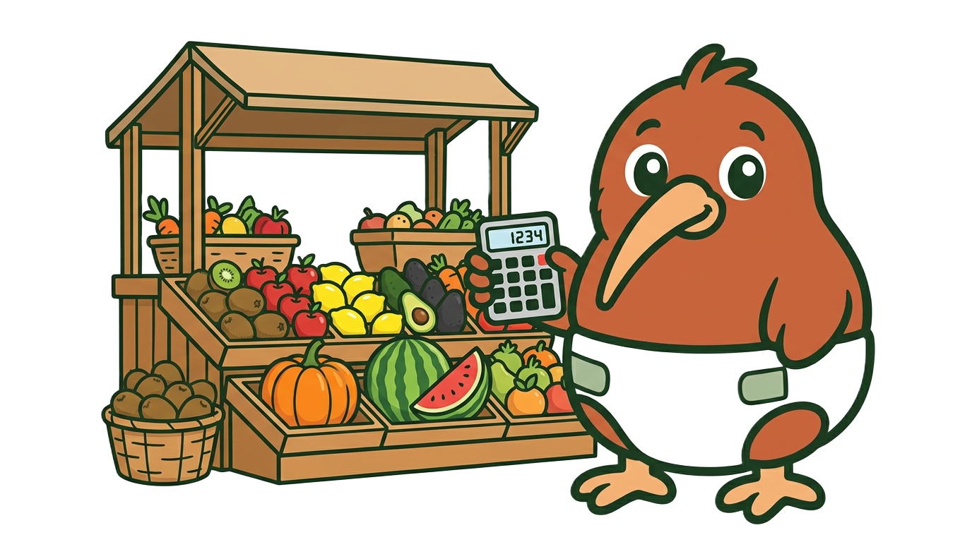Le kiwi en couche, calculatrice en main, devant un étal de fruits et légumes au marché
