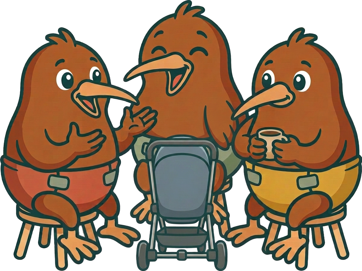 Trois kiwis en couche discutent autour d'une poussette
