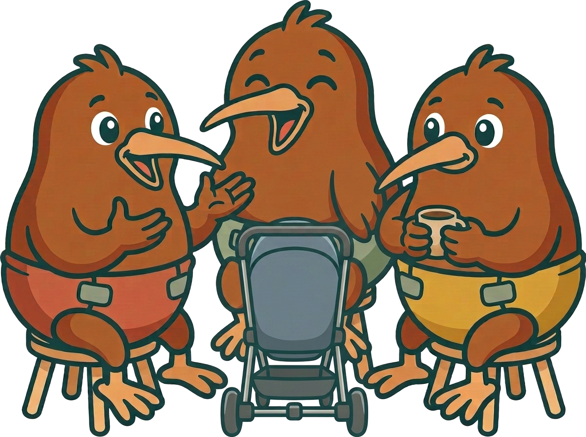 Trois kiwis en couche discutent autour d'une poussette